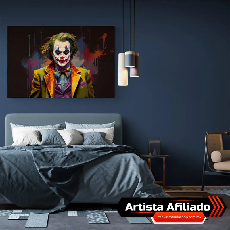 Ilustración artística del Joker con estilo pop art, destacando intensos colores y expresión enigmática