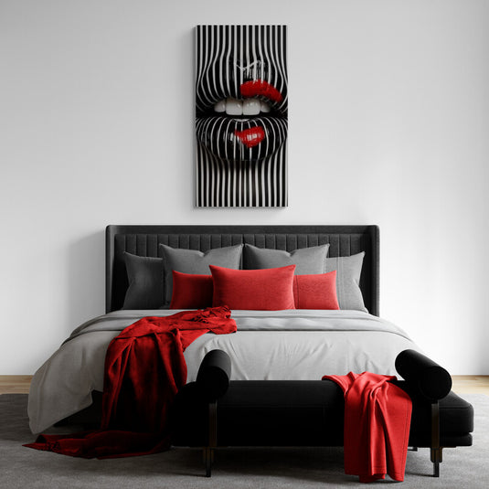 Cuadro decorativo de labios rojos con efecto óptico en blanco y negro estilo moderno atrevido y sofisticado