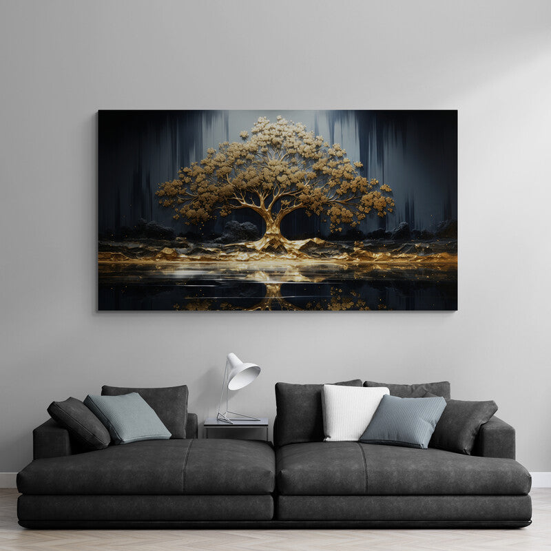 Pintura de árbol dorado con fondo oscuro y reflejos en agua tranquila