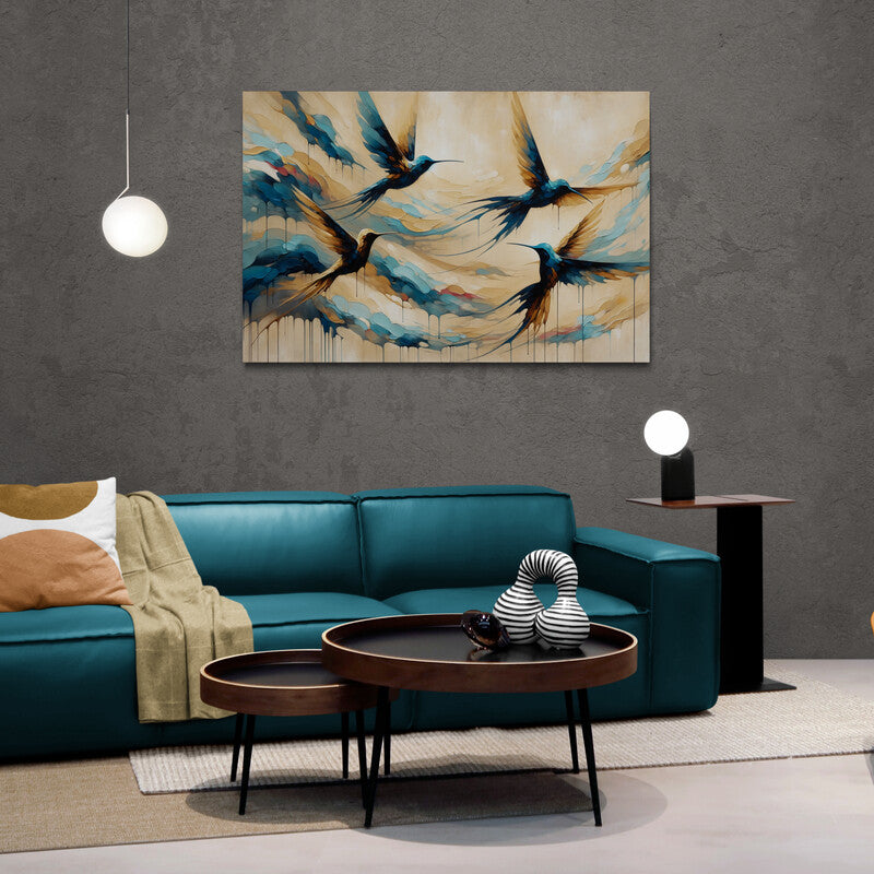Colibríes en vuelo con paleta de colores cálidos y fríos, representando dinamismo y serenidad en la pintura abstracta
