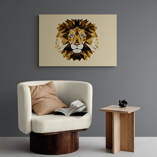 Cuadro Decorativo Minimalista - Rostro de León en Tonos Cafés y Amarillo sobre Fondo Amarillo Vibrante