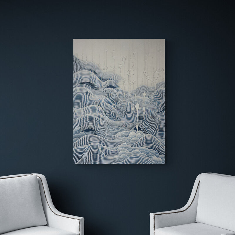 Obra artística abstracta con líneas que imitan el mar y formas blancas flotantes