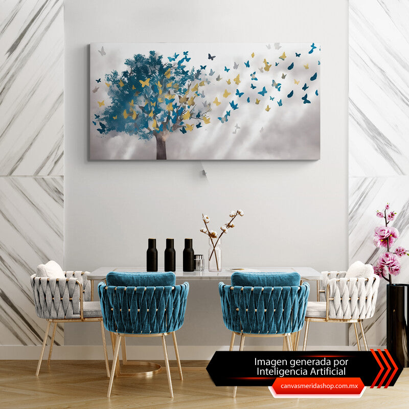 Set de cuadros decorativos con fondo gris y blanco, árbol azul turquesa que desprende mariposas de tonos turquesa azul fuerte y amarillo