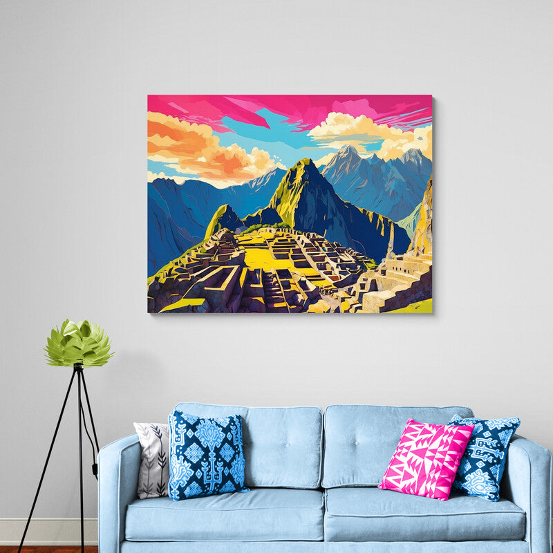 Representación artística estilizada de Machu Picchu con colores vivos y cielo dramático en estilo geométrico moderno