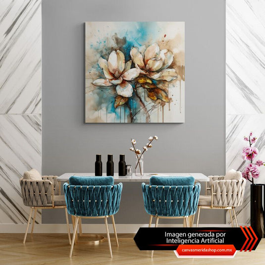 Pintura en acuarela de magnolias con fondo azul y marrón