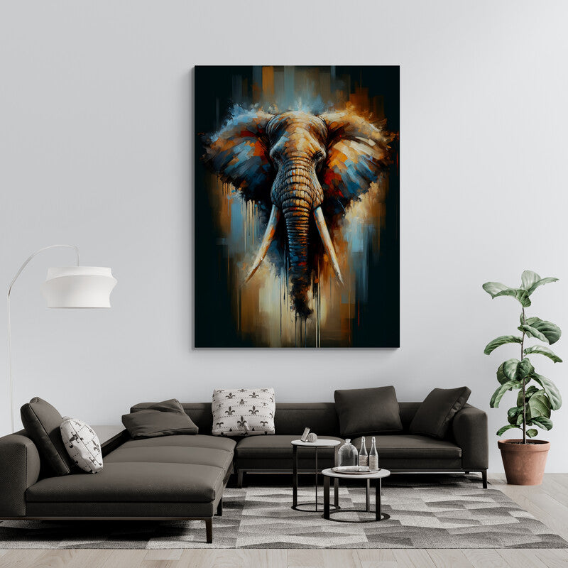 Pintura abstracta contemporánea de un elefante en tonos azules y naranjas