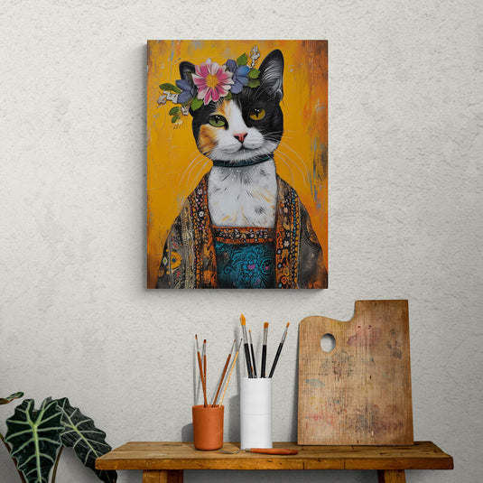 Cuadro de gato con atuendo étnico y corona de flores