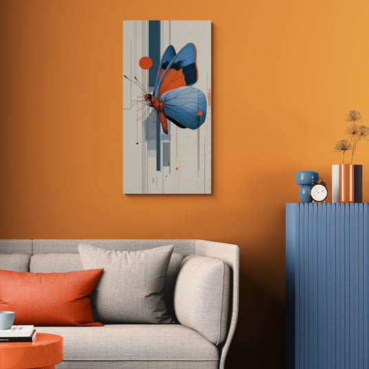 Cuadro decorativo de mariposa azul y naranja con diseño geométrico moderno estilo abstracto contemporáneo y elegante