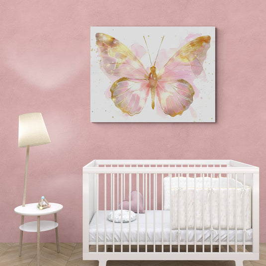 Pintura en acuarela de mariposa rosa y dorada para habitación infantil