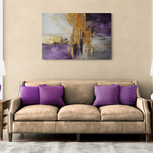 Cuadro decorativo abstracto en tonos púrpura y dorado con texturas modernas estilo elegante y contemporáneo artístico