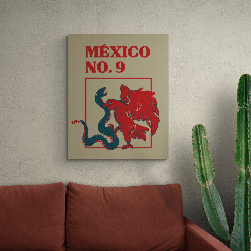 Cuadro decorativo con fondo café claro, título 'México No. 9' en rojo, y emblema de águila roja sosteniendo serpiente verde en recuadro con bordes rojos