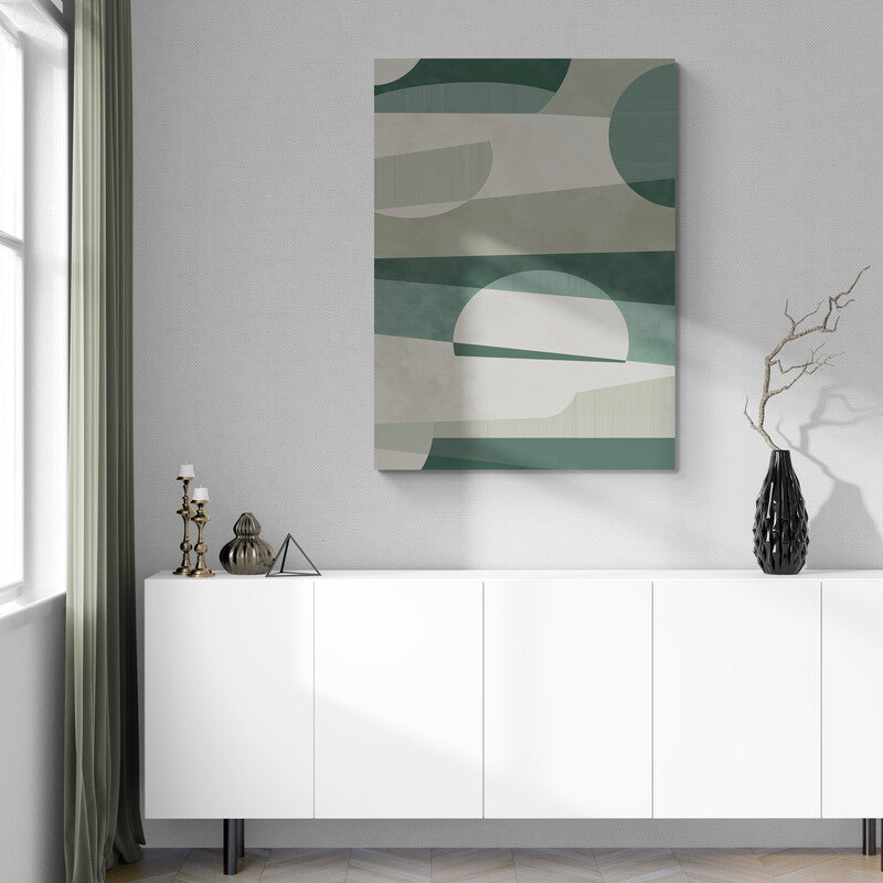 Obra abstracta con formas geométricas en tonos de verde y gris