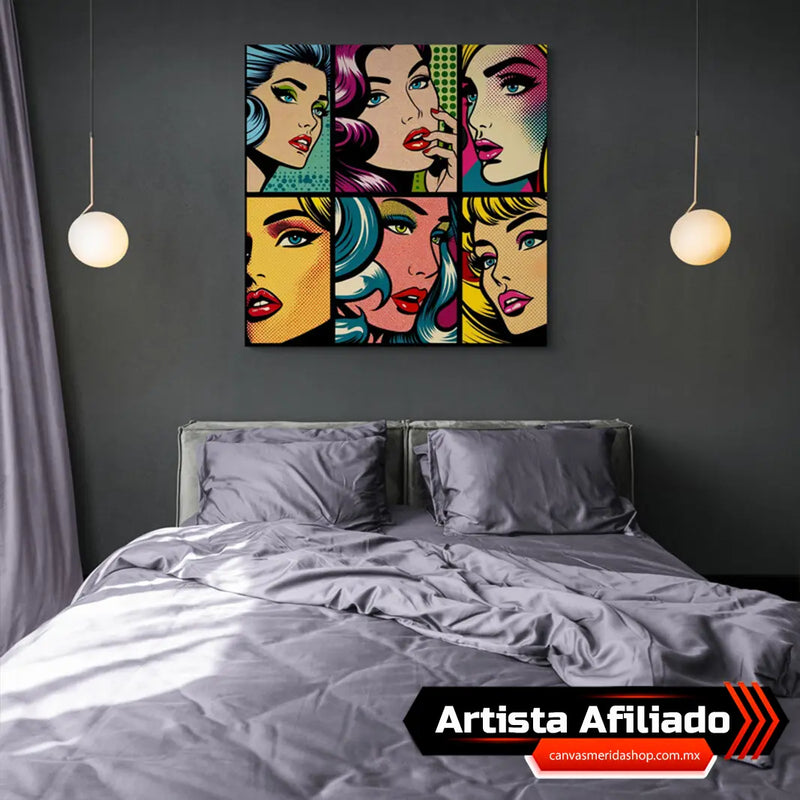Collage decorativo de estilo pop art con retratos de mujeres en formato de cómic con colores vivos y puntos Ben-Day