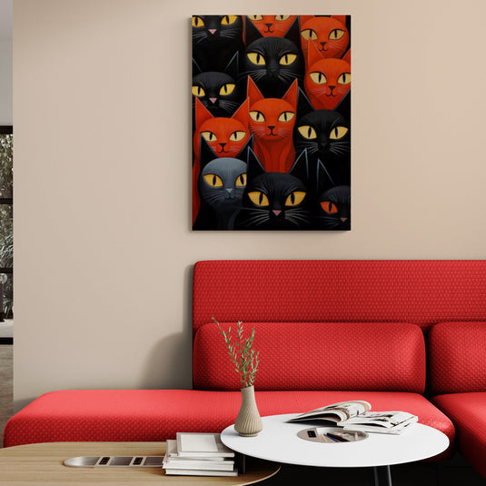 Ilustración de gatos en tonos rojo, negro y gris con ojos amarillos brillantes