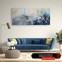 Set Blue Abstract Gold Leaves - Canvas Mérida Fine Print Art