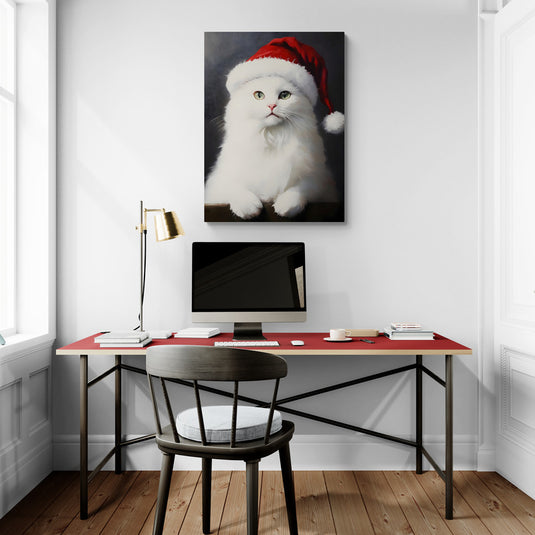 Retrato de un gato blanco con gorro navideño en fondo oscuro.