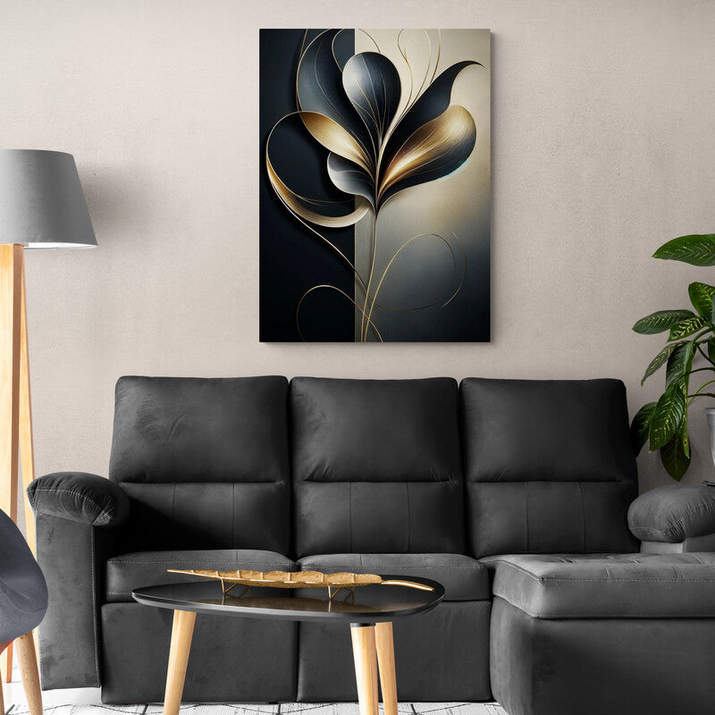 Arte digital de flor lujosa con pétalos negros y detalles dorados sobre fondo bicolor