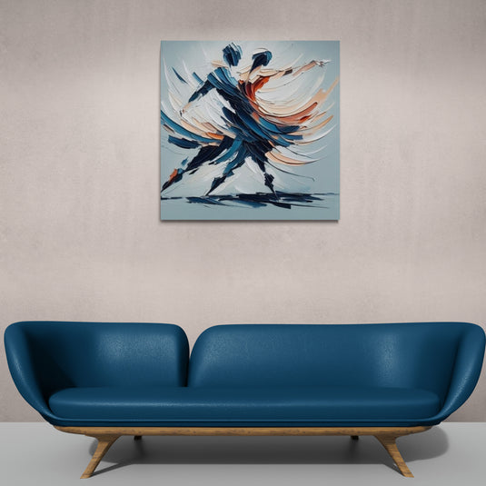 Cuadro decorativo abstracto de pareja bailando con trazos dinámicos en tonos azules y cálidos estilo moderno elegante y artístico