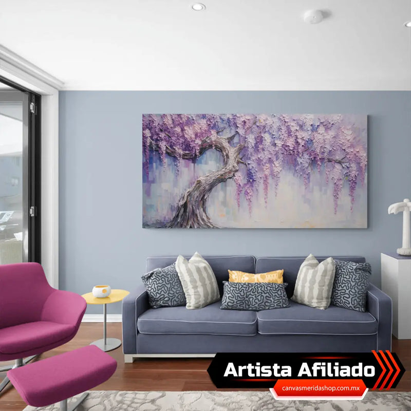 Cuadro decorativo abstracto de árbol con ramas en julianas en tonos morado, lila y azul