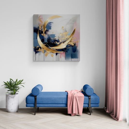 Cuadro decorativo abstracto con detalles dorados y tonos azules estilo moderno elegante y sofisticado contemporáneo