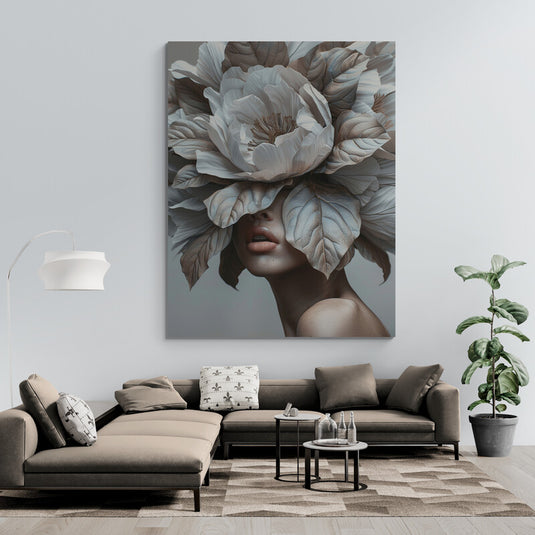 Retrato surrealista con flores blancas