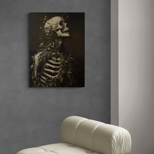 Cuadro decorativo esqueleto con ramas, arte contemporáneo oscuro y simbólico 