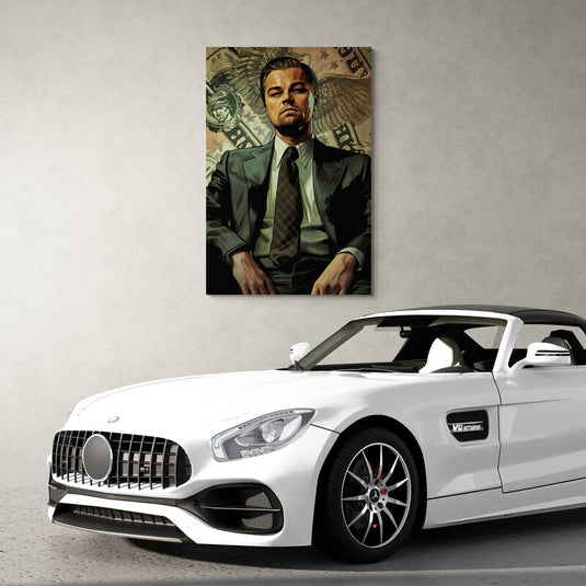 "Retrato de hombre en traje con símbolos de poder"