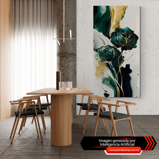 Cuadro Decorativo Floral: Fondo Blanco con Fusiones Acuáticas de Amarillo y Verde, Creando Flores Vibrantes para Decoración Elegante