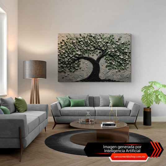 Cuadro_decorativo_árbol_Sakura_verde_oscuro_fondo_gris