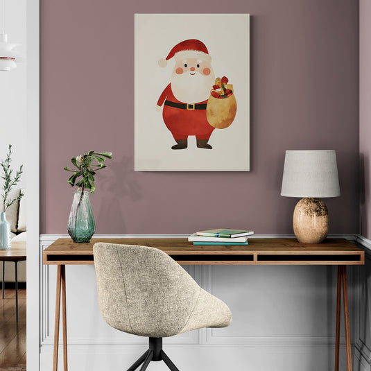 Ilustración minimalista de Santa Claus con saco de regalos.