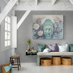 Imagen artística titulada 'Serenidad de Buda', mostrando la figura de Buda rodeada de flores y hojas en tonos turquesa, gris y lila