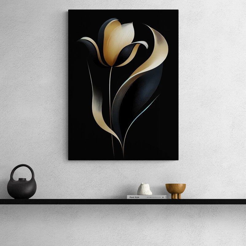 Flor abstracta dorada y negra con diseño minimalista sobre fondo oscuro
