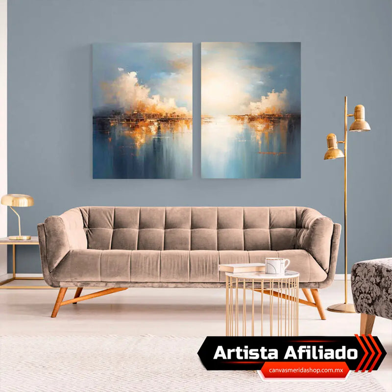Set de Cuadros Decorativos con Fondos Azules y Nubes en Beige y Dorado para Ambiente Elegante y Tranquilo