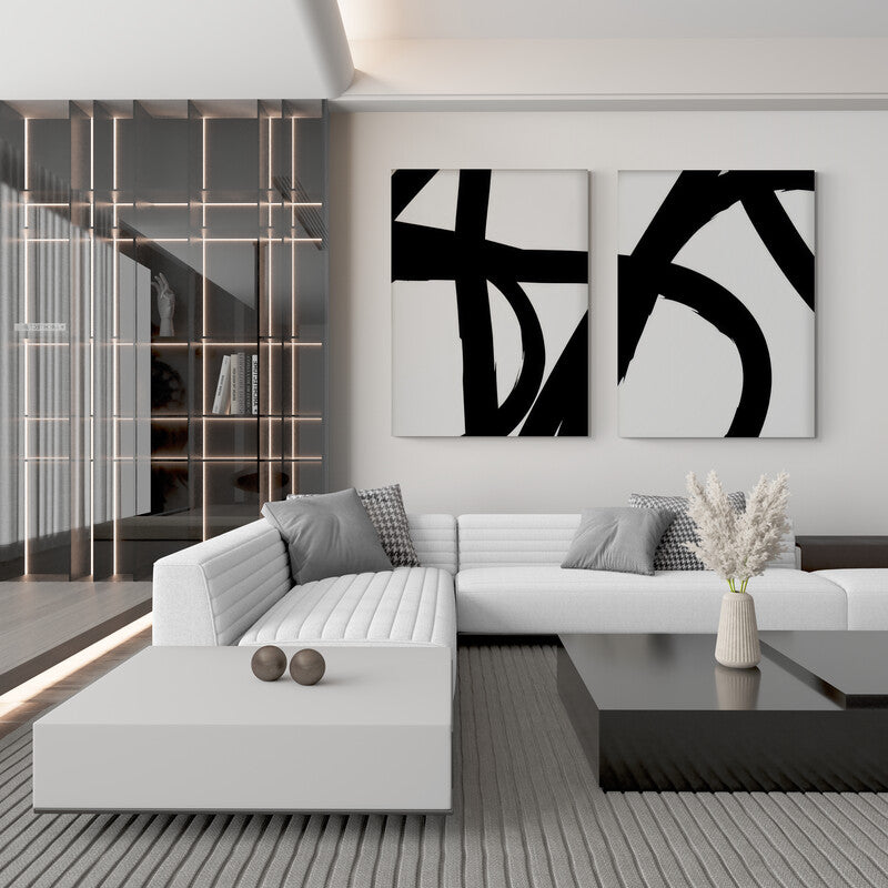 Set de Cuadros Decorativos Minimalistas - Fondo Blanco con Líneas Dinámicas en Negro