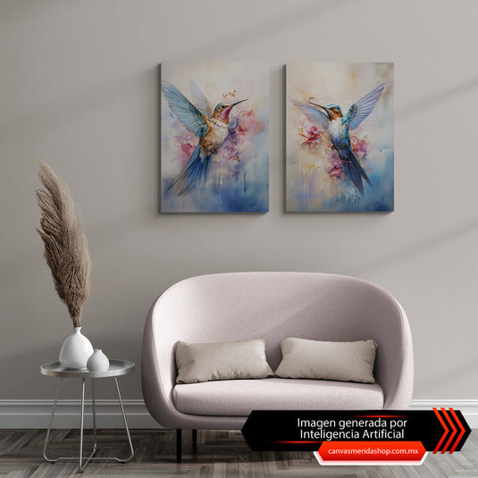 Set Colibríes Fondo Azul - Celestia Guzman - Canvas Mérida Cuadros Decorativos