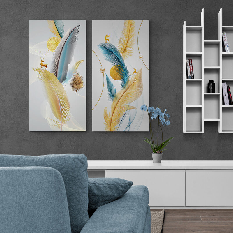 Cuadros Decorativos: Venadito sobre Pluma en Fondo Gris con Plumaje Amarillo, Azul y Gris