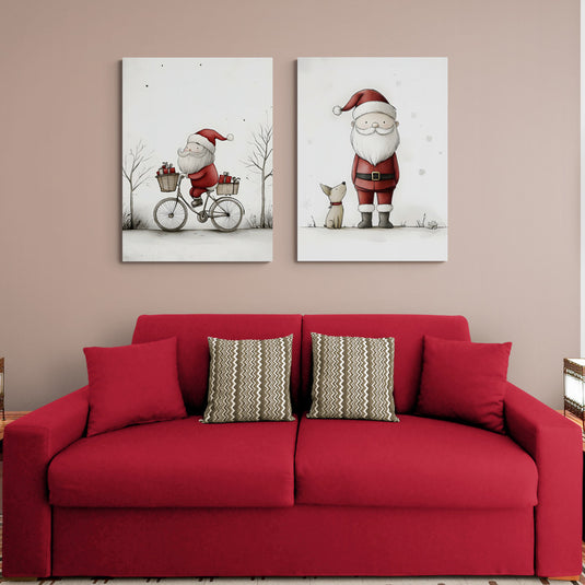 Lienzos decorativos de Santa Claus con bicicleta y perro, diseño navideño minimalista.