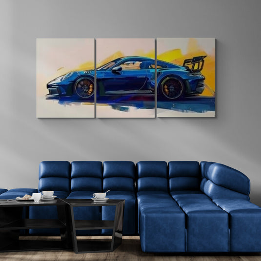 Cuadro decorativo triptico de auto deportivo azul estilo moderno con fondo abstracto y efecto de velocidad