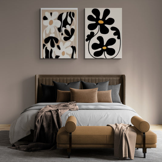 Conjunto de cuadros florales abstractos en tonos neutros, blanco, negro y amarillo, diseño minimalista y moderno.