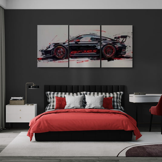 Cuadro decorativo triptico de auto deportivo negro con detalles rojos estilo moderno agresivo y efecto de velocidad