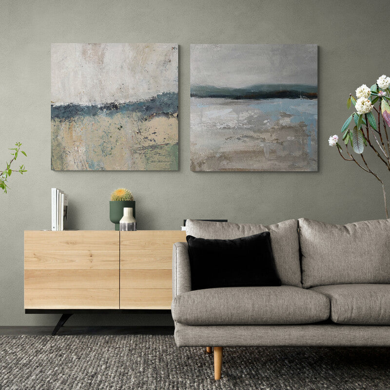 Set de dos cuadros decorativos abstractos en tonos grises, azules y arena