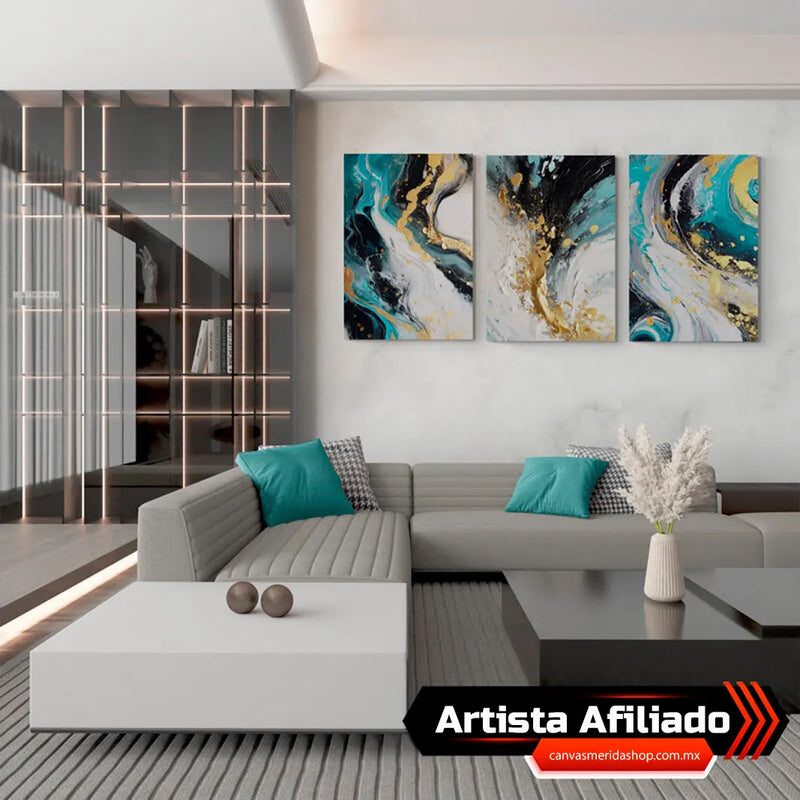 Set de cuadros decorativos abstractos interpretando olas fusionadas, con una paleta de colores en azules, negros, blancos y dorados.