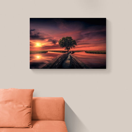 Cuadro_decorativo_puente_central_lagos_árbol_sol_escondiéndose_atardecer_cielo_morado_rosado_naranja