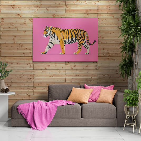 Lienzo decorativo de tigre con fondo rosa, estilo moderno y minimalista