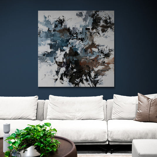Cuadro Decorativo Abstracto en Fondo Blanco con Pinceladas Azules, Café y Negras