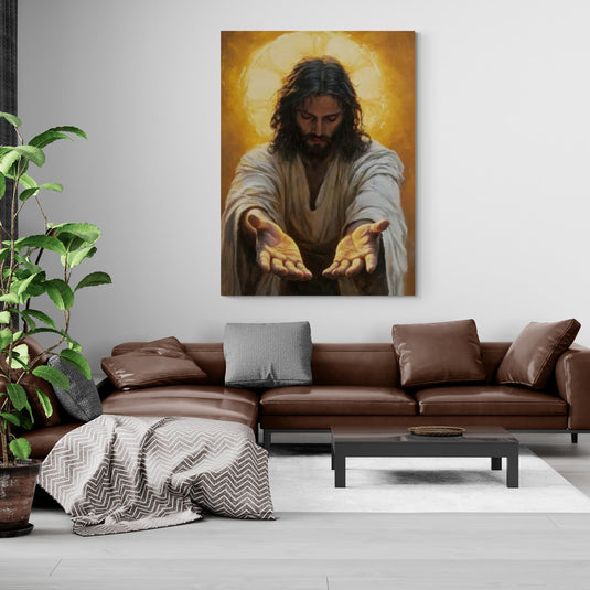 Arte religioso figura espiritual manos extendidas pintura suave
