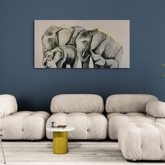 Cuadro decorativo de familia de elefantes en tonos neutros estilo elegante con significado de unión y protección