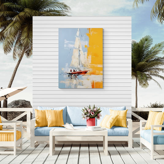 Cuadro abstracto de un velero navegando al amanecer, con tonos azules y amarillos, reflejando la luz dorada del sol.