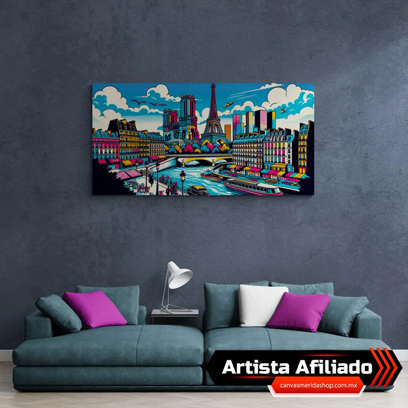Vista artística estilizada de París con la Torre Eiffel, la Catedral de Notre-Dame y el río Sena en estilo Pop Art con colores vivos
