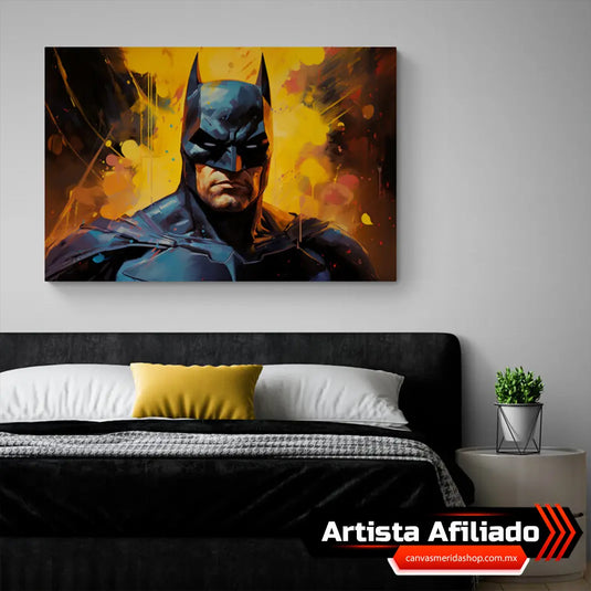 Ilustración artística de Batman con fondo abstracto en tonos amarillos y naranjas